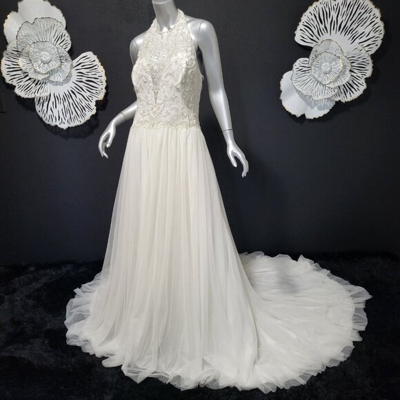 NWT~$1750~SOPHIA TOLLI~12~IVORY BEADED LACE FIT & FLARE HALTER WEDDING DRESS - Picture 4 of 16